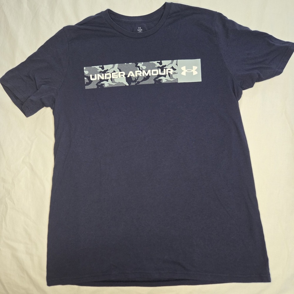 Under Armour Shirt Tee Mens XL Blue Short Sleeve Crewneck Logo Camo Loose Fit